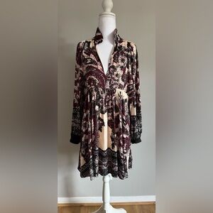 Free People Mirage Paisley Balloon Sleeve Mini Dress Winter Feel - XS